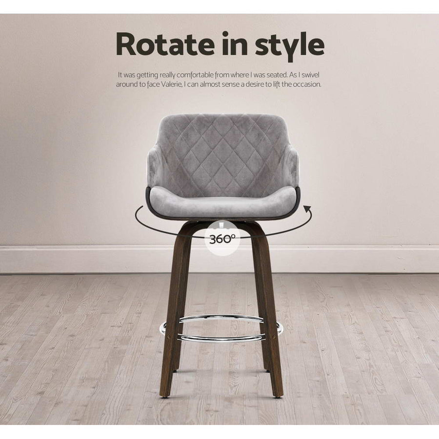 Artiss swivel bar stool, grey velvet seat with wooden frame, chrome footrest