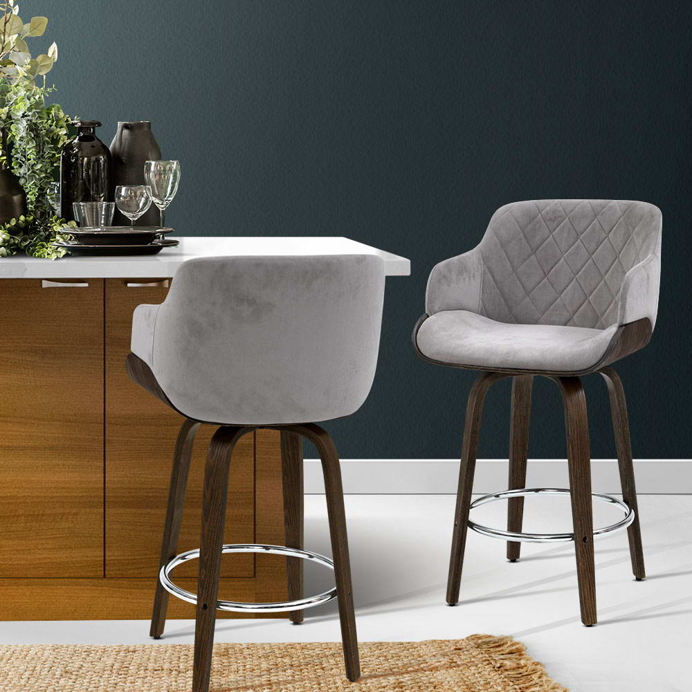 Artiss Swivel Velvet Bar Stools with Wooden Frame