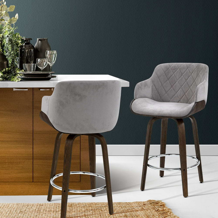 Artiss swivel bar stool, grey velvet seat with wooden frame, image 7