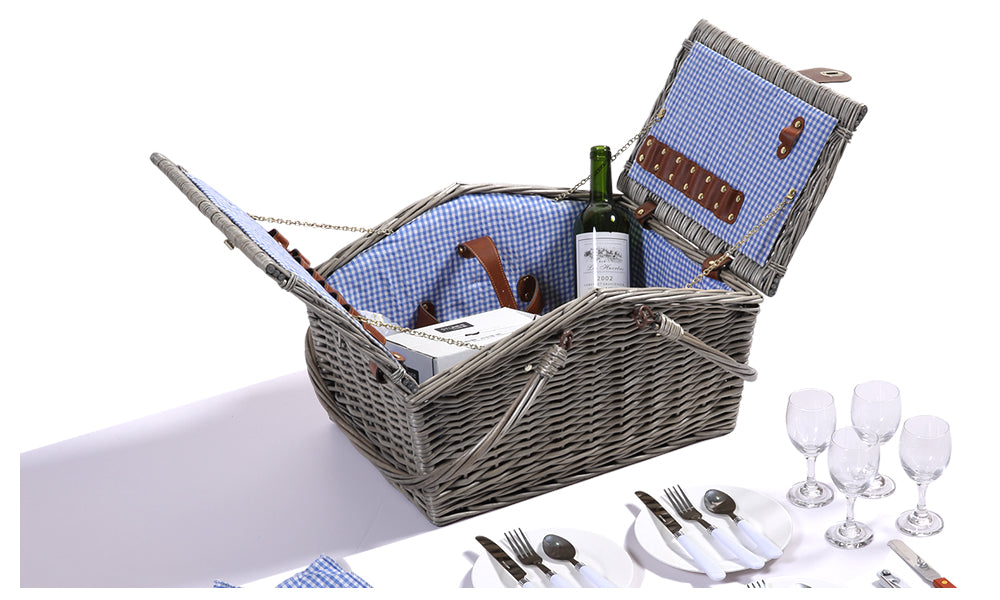 Wicker 4 Person Folding Handle Picnic Basket With Blanket Grey