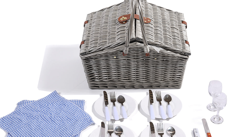 Wicker 4 Person Folding Handle Picnic Basket With Blanket Grey