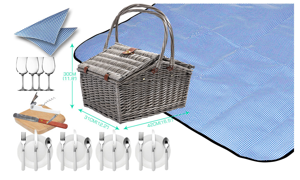 Wicker 4 Person Folding Handle Picnic Basket With Blanket Grey