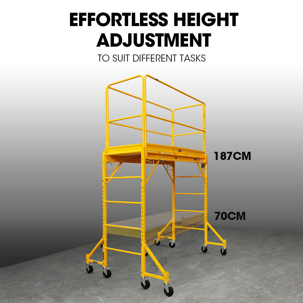 Baumr-AG 1.9 x 0.8 x 1.8m Adjustable Mobile Scaffold Platform, Guard Rail, Outrigger Wheel Set, Trapdoor Hatch