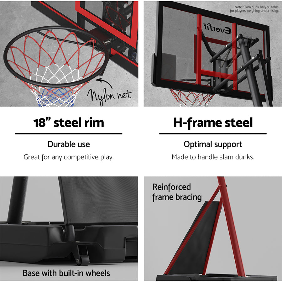 Everfit red portable basketball hoop stand with 44 inch backboard, fillable base with roller wheels