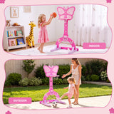 Keezi 3-in-1 Kids Basketball Hoop Soccer Goal Golf Game Set with Balls Pink - 45-Degree Angle