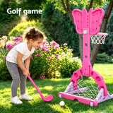 Keezi 3-in-1 Kids Basketball Hoop Soccer Goal Golf Game Set with Balls Pink - Close-Up Angle