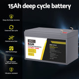 Giantz AGM Battery 12V 15Ah Deep Cycle Box Portable Solar Caravan Camping - Top-Down View