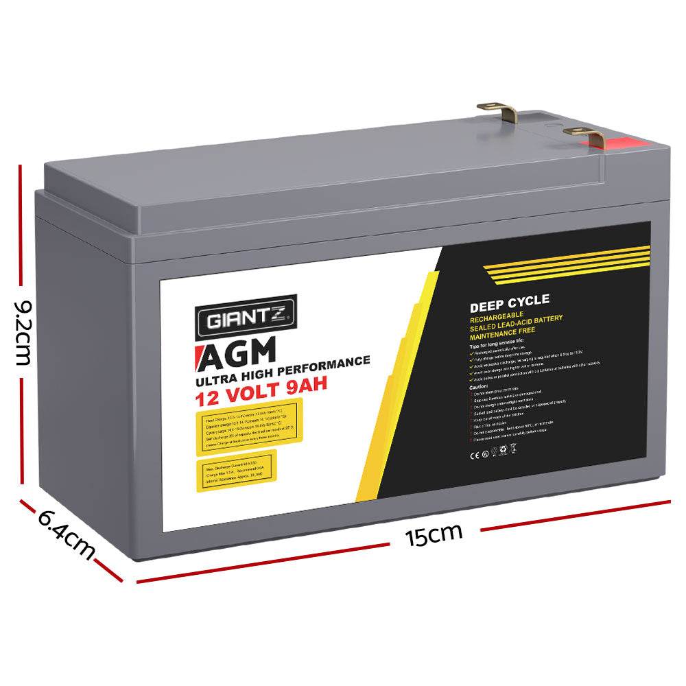 Giantz 12V 9Ah Portable AGM Deep Cycle Battery for Solar, Caravan & Camping Power Supply