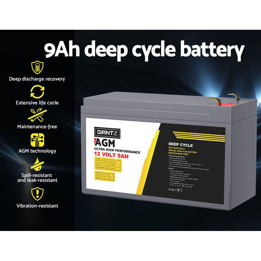 Giantz 12V 9Ah Portable AGM Deep Cycle Battery for Solar, Caravan & Camping Power Supply