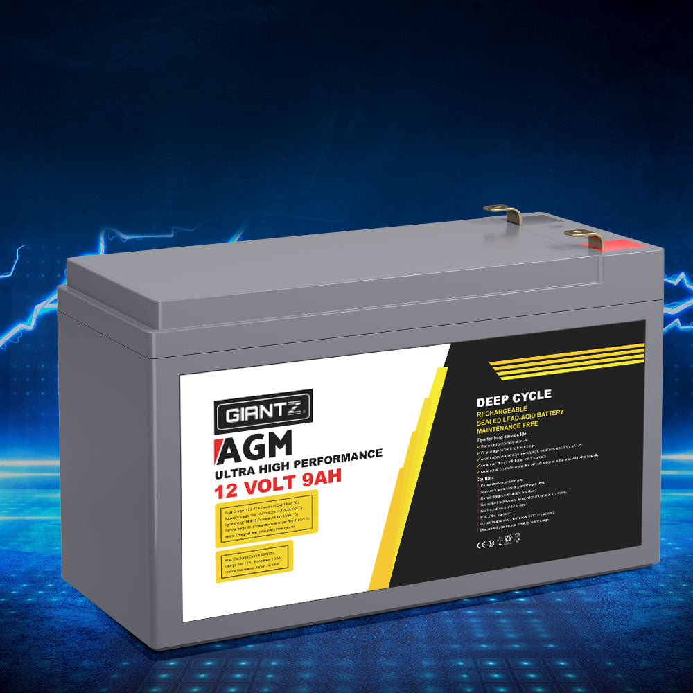 Giantz 12V 9Ah Portable AGM Deep Cycle Battery for Solar, Caravan & Camping Power Supply