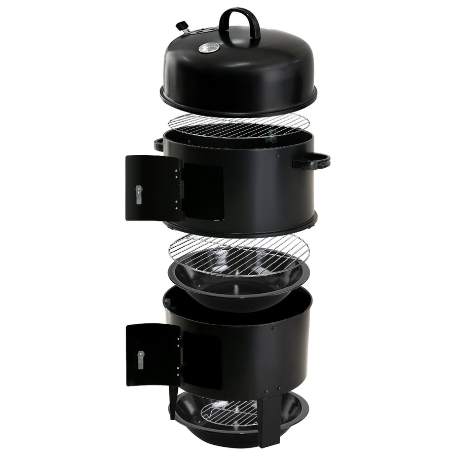 Grillz 3-in-1 charcoal BBQ smoker, black heat resistant steel, water pan inside smoker