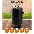 Grillz 3-in-1 charcoal BBQ smoker, black heat resistant steel, adjustable vent