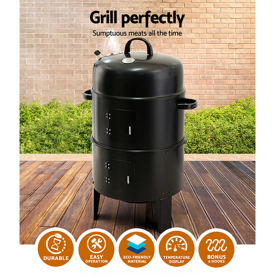 Grillz 3-in-1 charcoal BBQ smoker, black heat resistant steel, adjustable vent