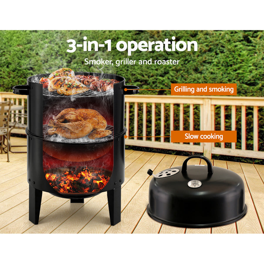 Grillz 3-in-1 charcoal BBQ smoker, black heat resistant steel, access door