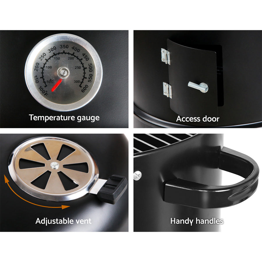 Grillz 3-in-1 charcoal BBQ smoker, black heat resistant steel, Bakelite handles