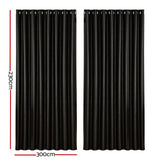 Artiss 2X Blockout Curtains Eyelet 300x230cm Black Shine - Front View
