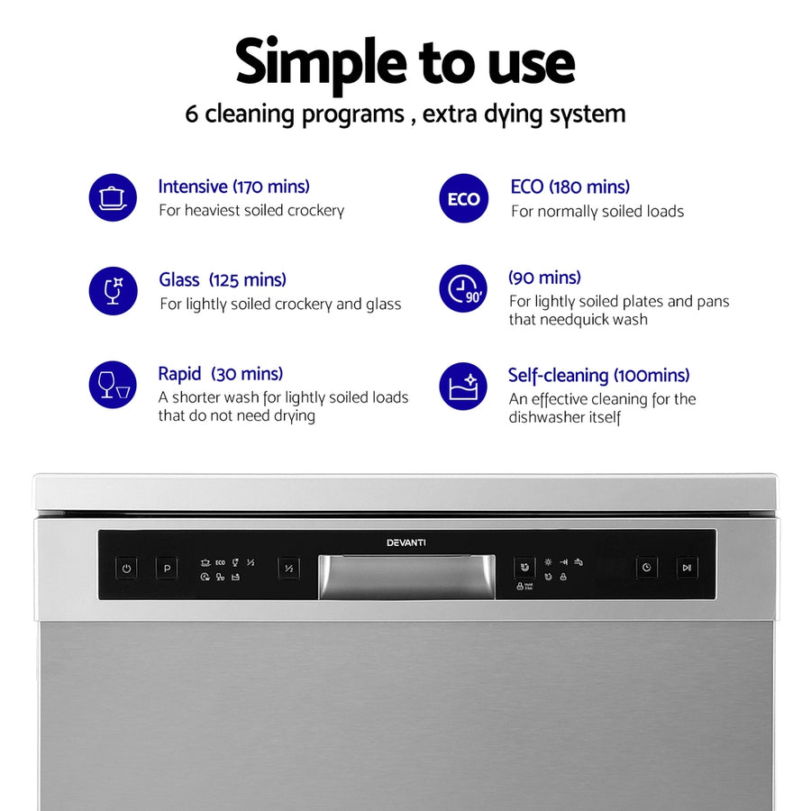 Devanti 60cm 14 Place Settings Freestanding Dishwasher Silver, image 5