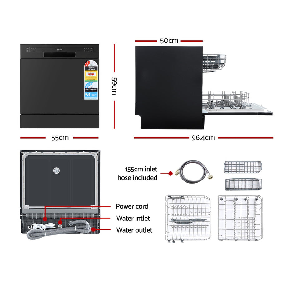 Devanti 8 place setting benchtop dishwasher in black with LED display, LED display and push button controls