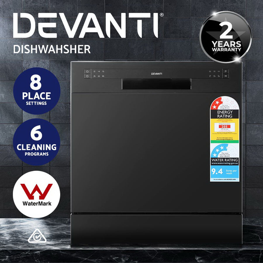 Devanti 8 place setting benchtop dishwasher in black with LED display, removable cutlery basket