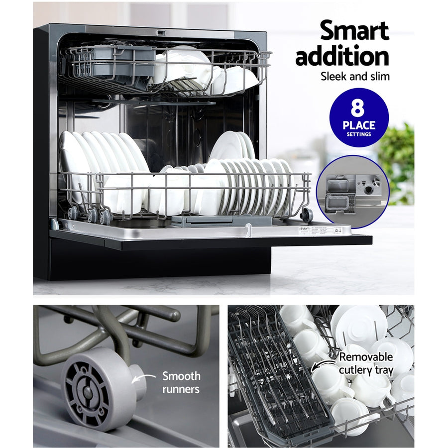 Devanti 8 place setting benchtop dishwasher in black with LED display, 360 degree spray arm
