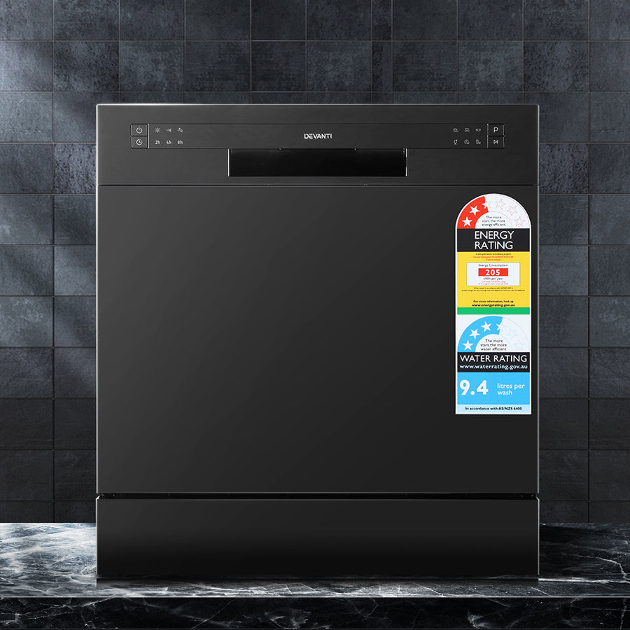 Devanti 8 place setting benchtop dishwasher in black with LED display