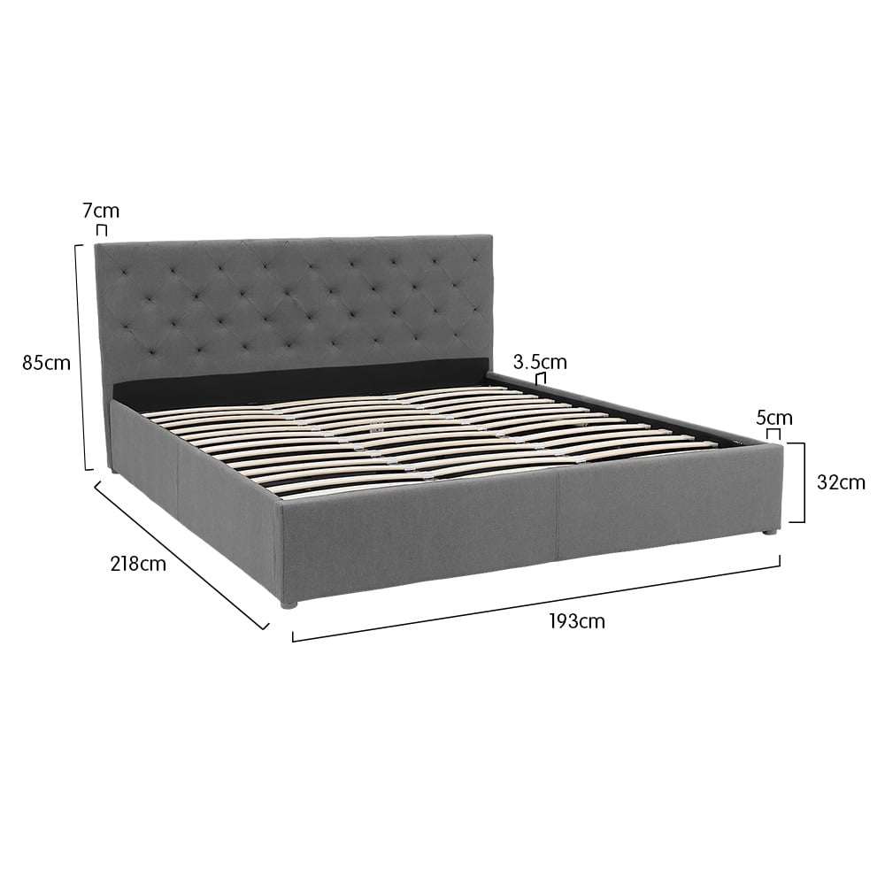 King Fabric Gas Lift Bed Frame with Headboard - Dark Grey