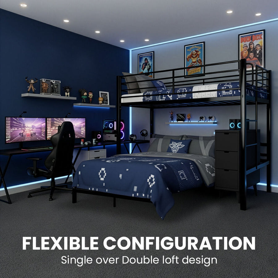 KINGSTON SLUMBER Metal Single Loft Bed And Double Underbed Frame, Multifunctional, Space Saving with Fixed Ladder, Matte Dark Grey