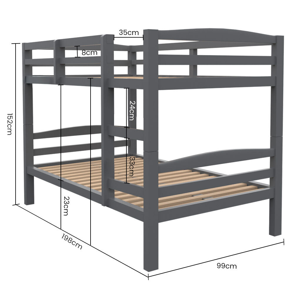 KINGSTON SLUMBER Single Bunk Bed Frame, Solid Pine 2-in-1 Modular Design, Converts to 2 Single Beds, For Kids, Grey