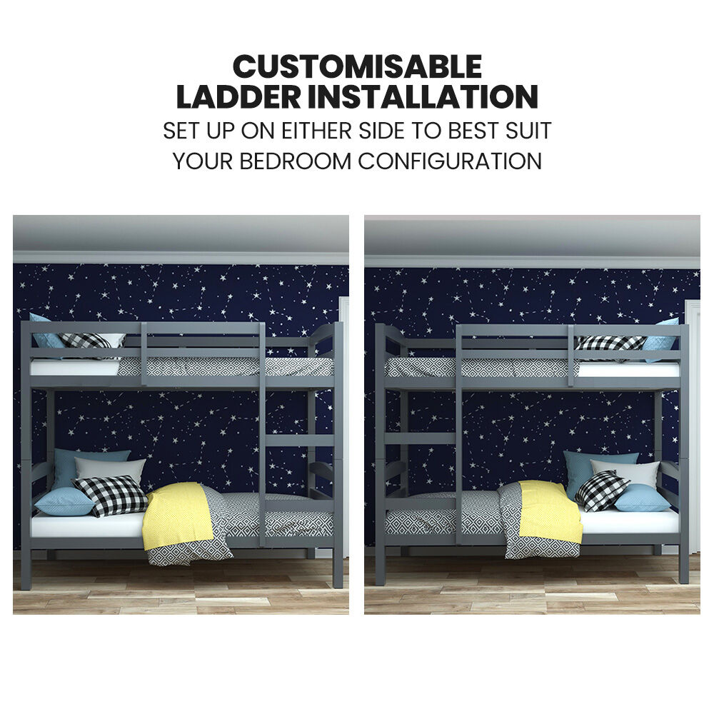 KINGSTON SLUMBER Single Bunk Bed Frame, Solid Pine 2-in-1 Modular Design, Converts to 2 Single Beds, For Kids, Grey