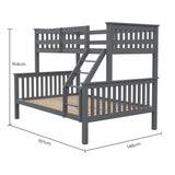 Kingston Slumber Bunk Bed Triple Wooden Single Over Double Beds for Kids, Solid Pine Wood, Convertible Design, Grey - Rear View