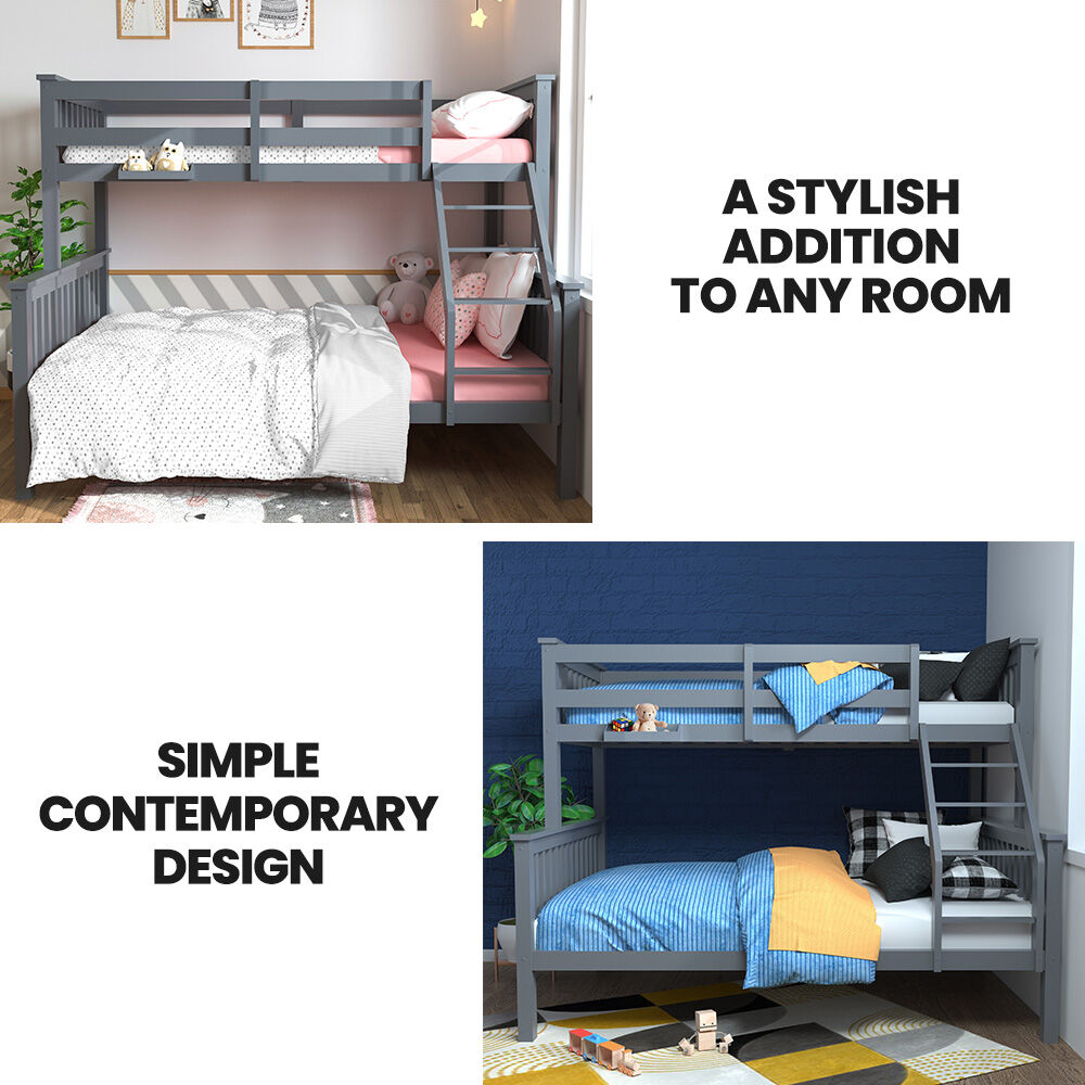 Kingston Slumber Bunk Bed Triple Wooden Single Over Double Beds for Kids, Solid Pine Wood, Convertib