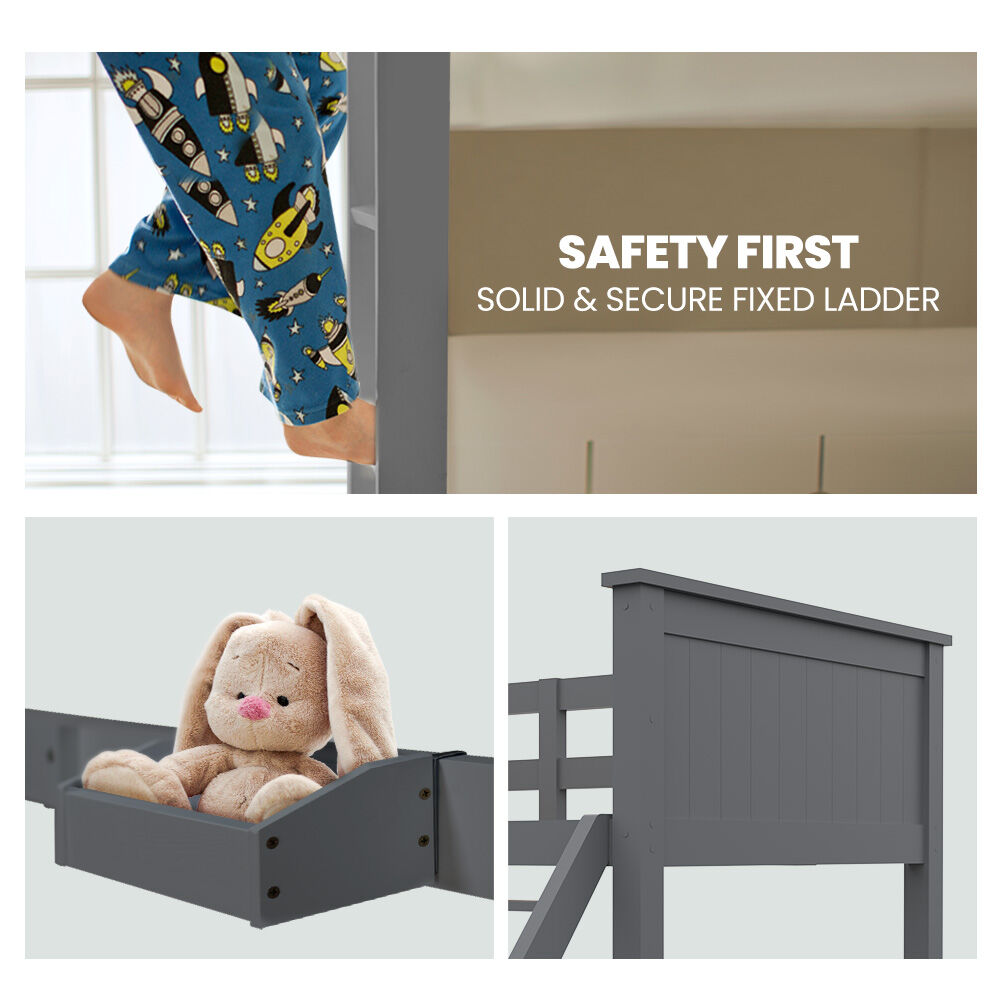 KINGSTON SLUMBER Triple Wooden Single Over Double Bunk Bed Frame for Kids, Convertible Design, Grey