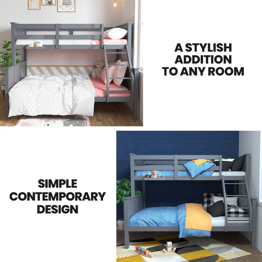 KINGSTON SLUMBER Triple Wooden Single Over Double Bunk Bed Frame for Kids, Convertible Design, Grey