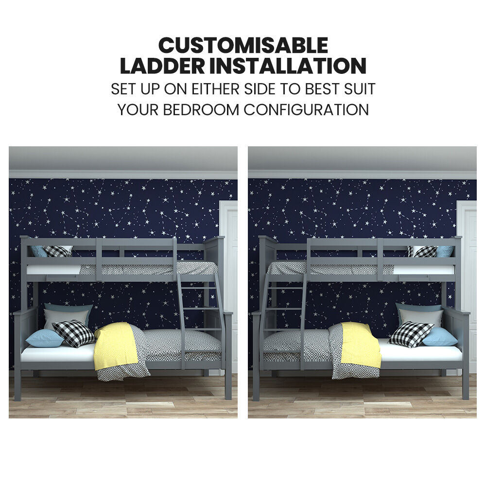 KINGSTON SLUMBER Triple Wooden Single Over Double Bunk Bed Frame for Kids, Convertible Design, Grey