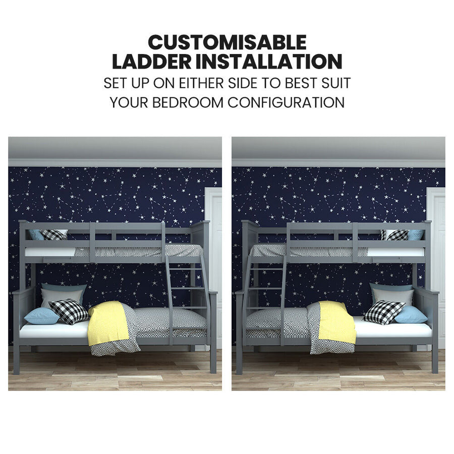KINGSTON SLUMBER Triple Wooden Single Over Double Bunk Bed Frame for Kids, Convertible Design, Grey