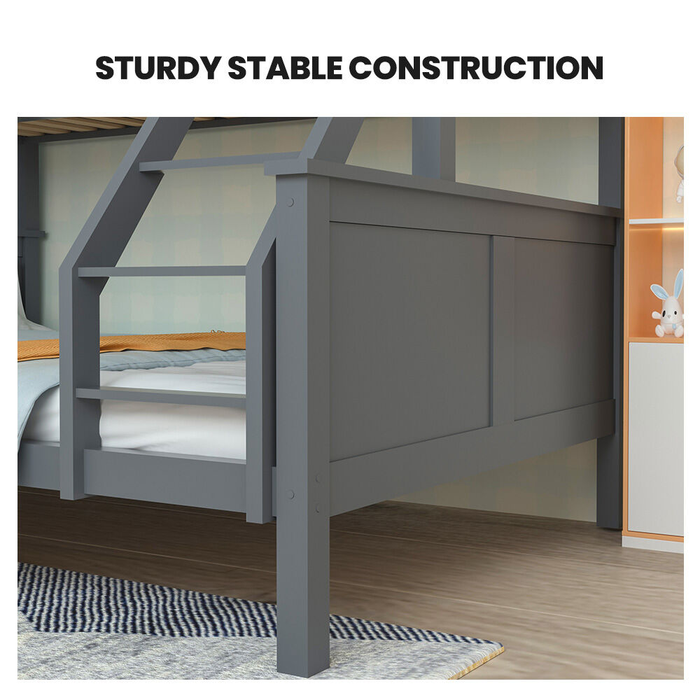 KINGSTON SLUMBER Triple Wooden Single Over Double Bunk Bed Frame for Kids, Convertible Design, Grey