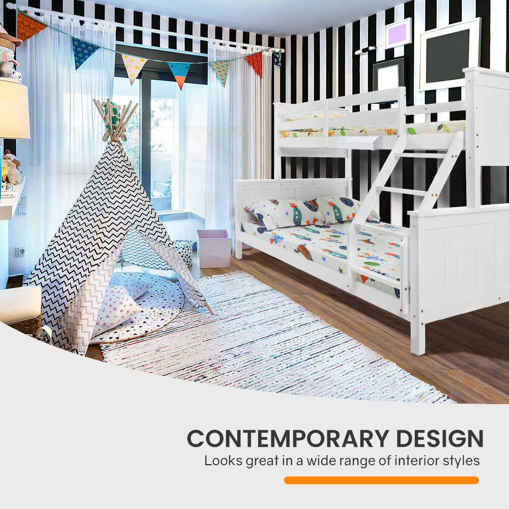 KINGSTON SLUMBER Triple Wooden Single Over Double Bunk Bed Frame for Kids, Convertible Design, White