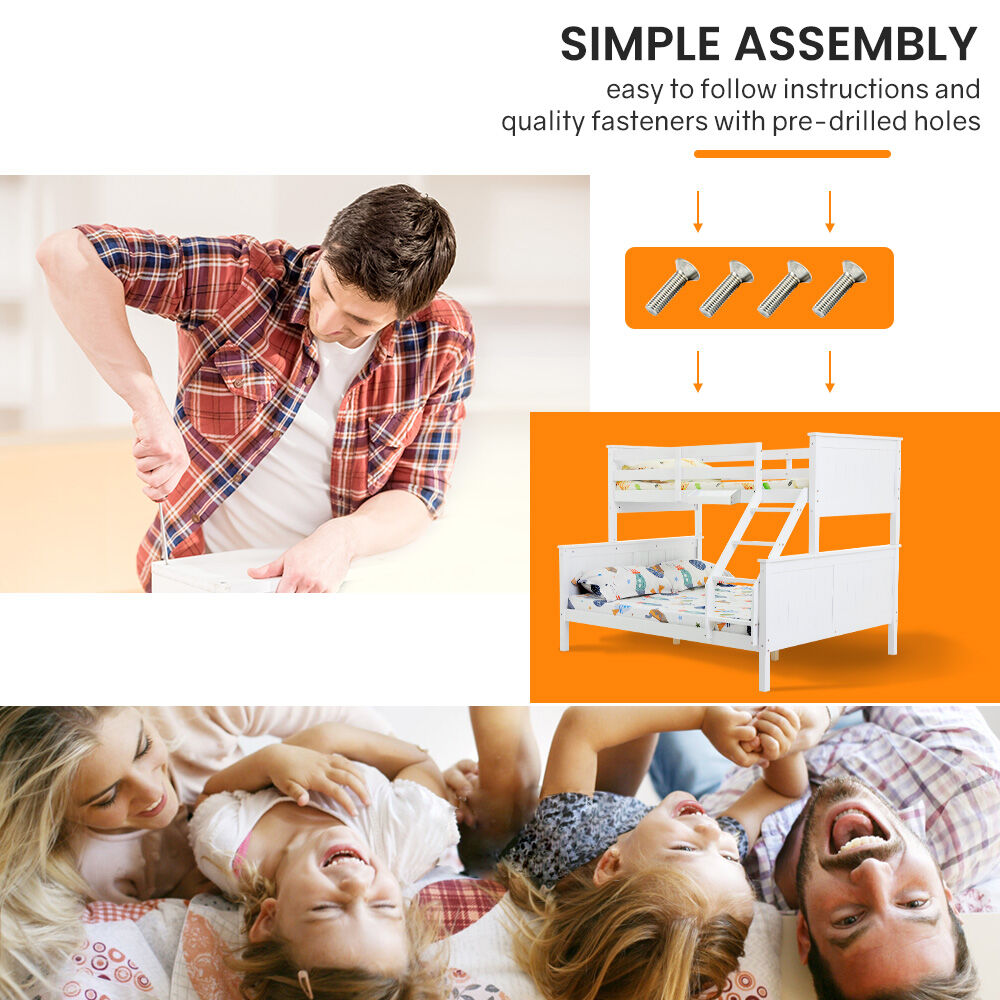 KINGSTON SLUMBER Triple Wooden Single Over Double Bunk Bed Frame for Kids, Convertible Design, White