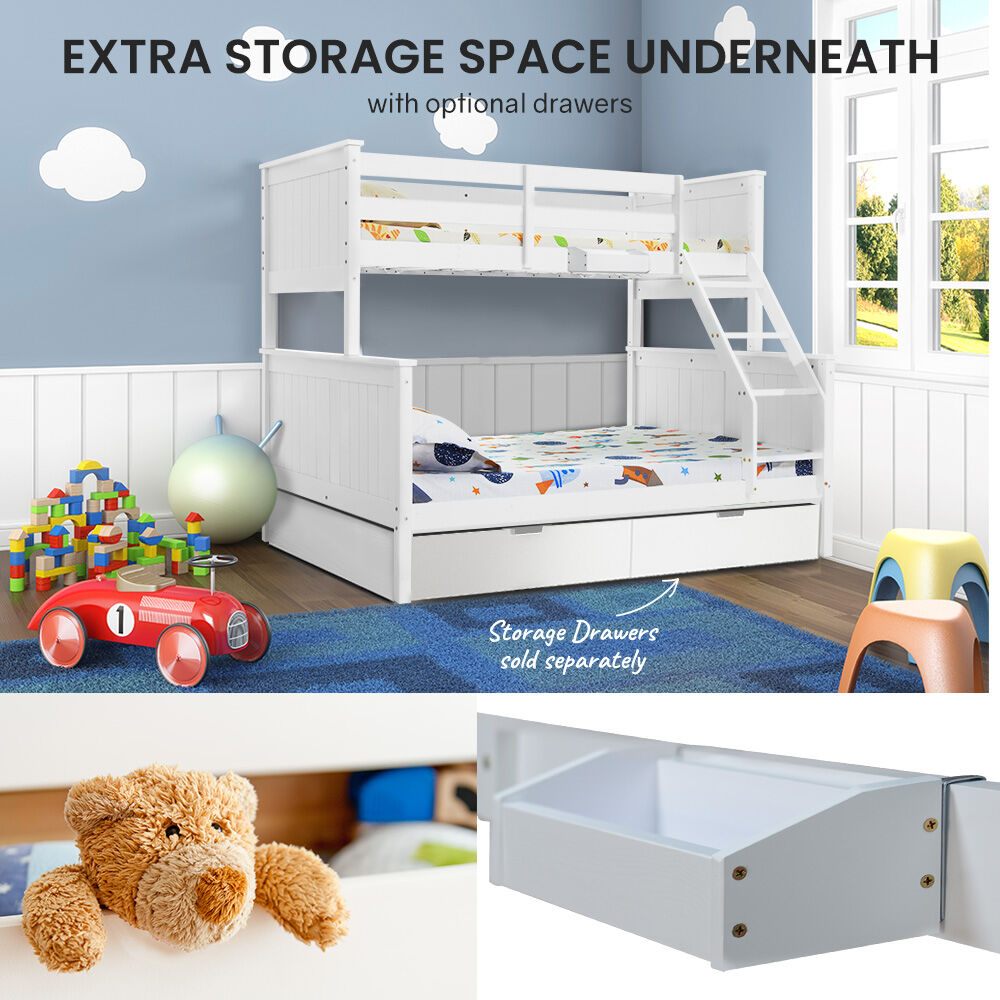 KINGSTON SLUMBER Triple Wooden Single Over Double Bunk Bed Frame for Kids, Convertible Design, White