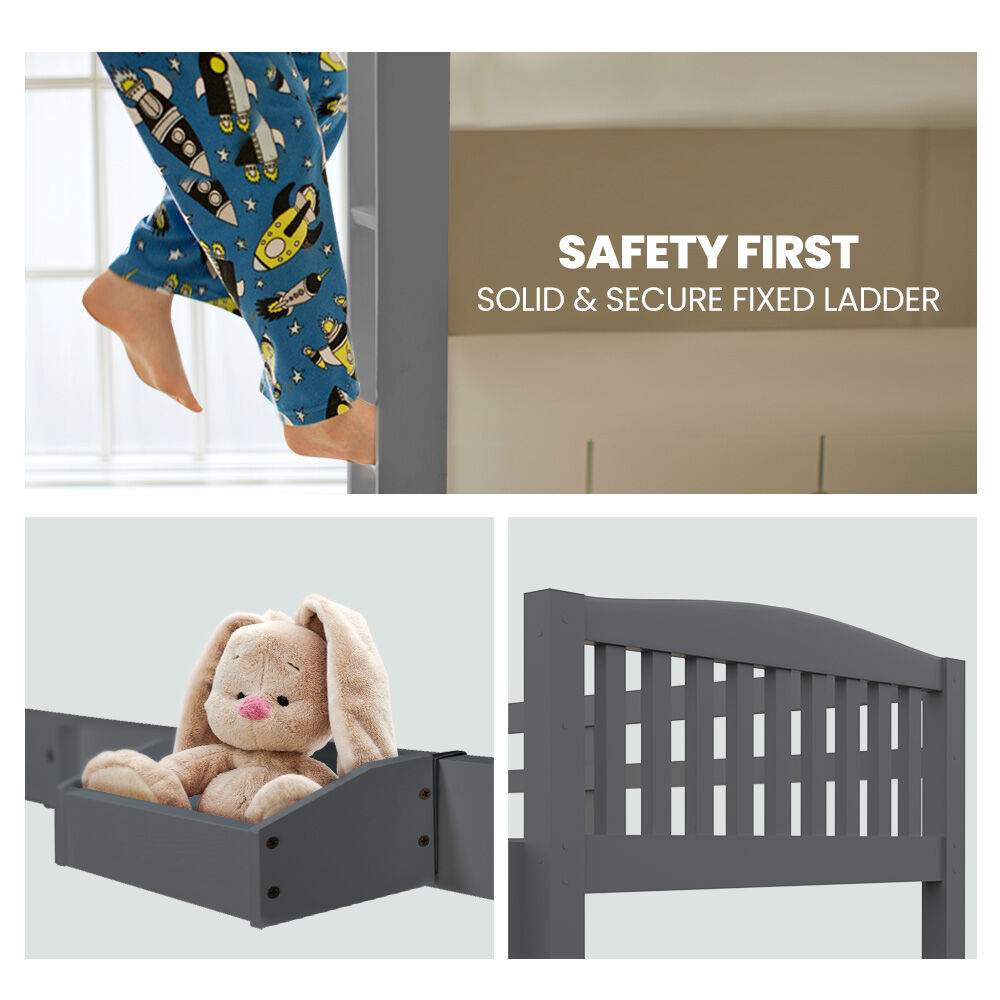KINGSTON SLUMBER Single Bunk Bed Frame Solid Pine Wood Timber, Modular Design, Grey