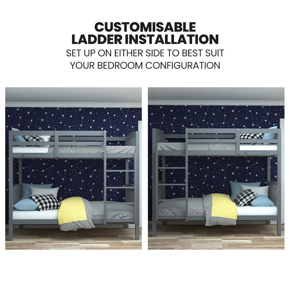 KINGSTON SLUMBER Single Bunk Bed Frame Solid Pine Wood Timber, Modular Design, Grey