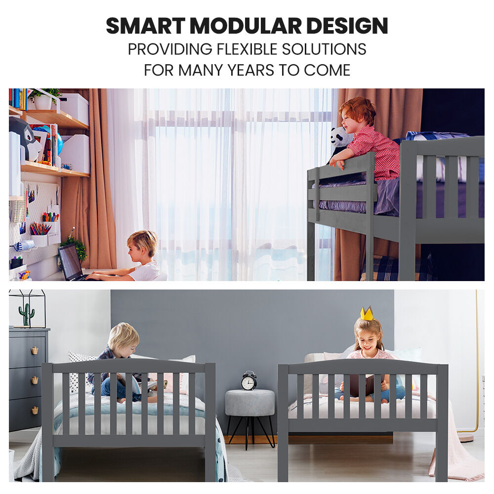 KINGSTON SLUMBER Single Bunk Bed Frame Solid Pine Wood Timber, Modular Design, Grey