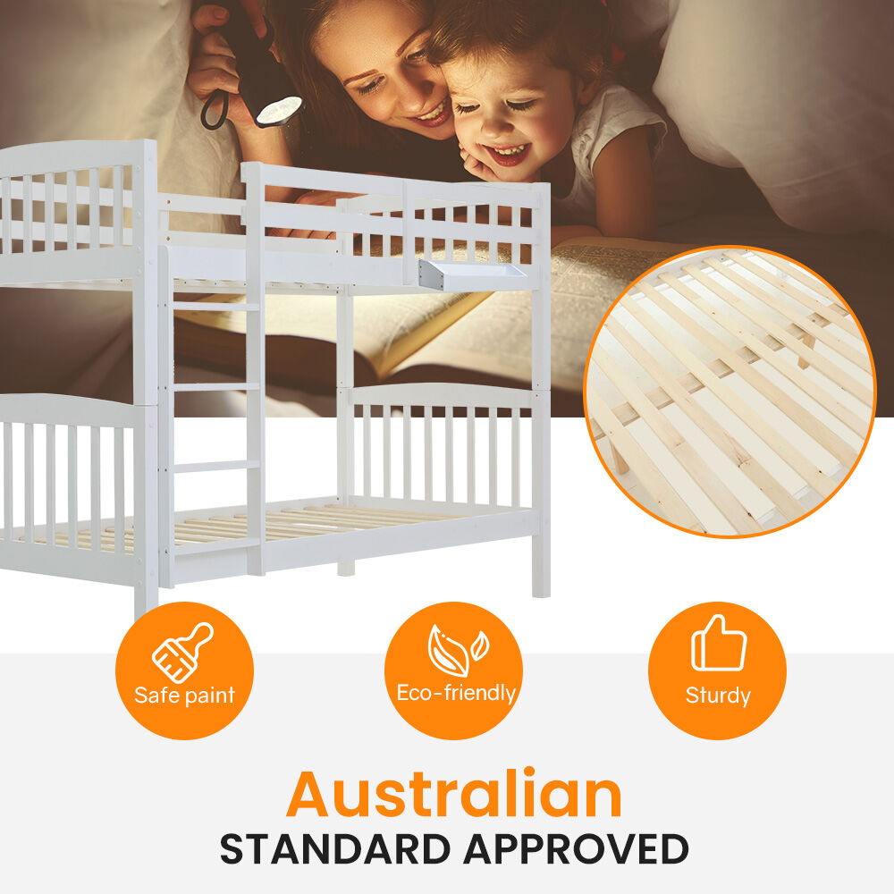 KINGSTON SLUMBER Wooden Kids Bunk Bed Frame, with Modular Design that can convert to 2 Single, White