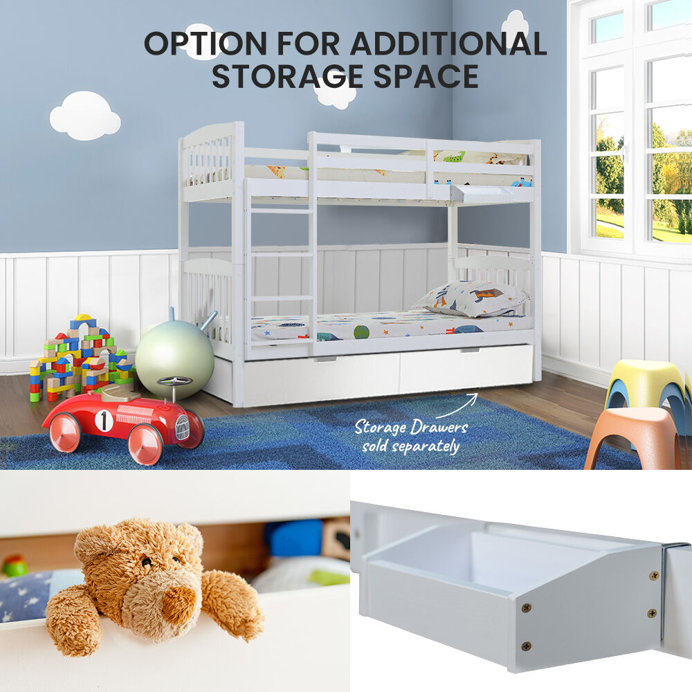KINGSTON SLUMBER Wooden Kids Bunk Bed Frame, with Modular Design that can convert to 2 Single, White
