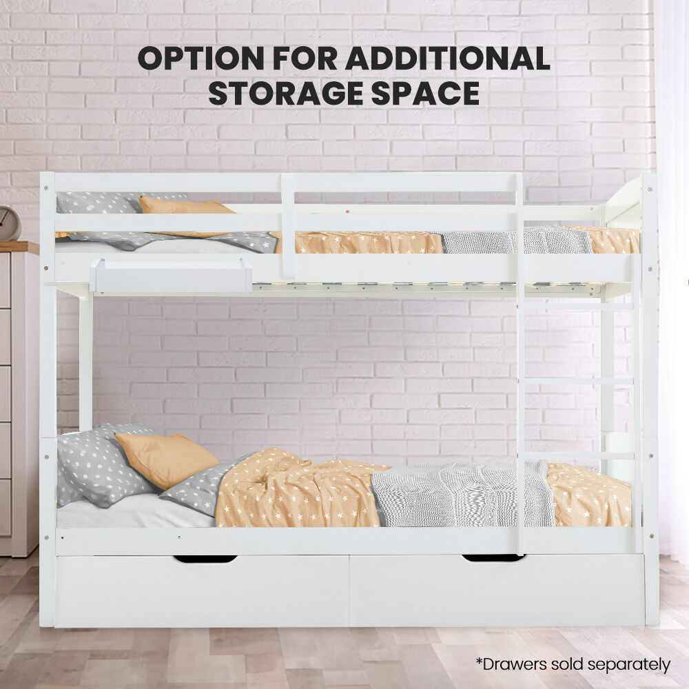 KINGSTON SLUMBER Single Bunk Bed Frame Solid Pine Wood Timber, Modular Design, White