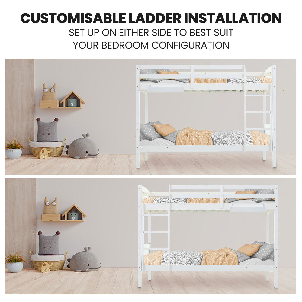 KINGSTON SLUMBER Single Bunk Bed Frame Solid Pine Wood Timber, Modular Design, White
