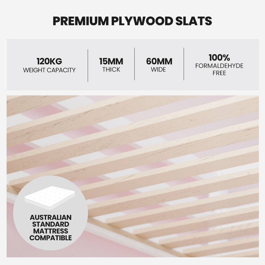 Kingston Slumber Wooden Kids Single Loft Bed Frame - Hiding Space Underneath with Interchangeable Pink and Blue Curtains