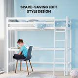 KINGSTON SLUMBER Wooden Kids Single Loft Bed Frame with Desk - White - Low Angle