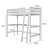 KINGSTON SLUMBER Wooden Kids Single Loft Bed Frame with Desk - White - Rear View