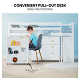 KINGSTON SLUMBER Wooden Kids Single Loft Bed Frame with Pull Out Desk, Storage Drawers, Cabinet - White